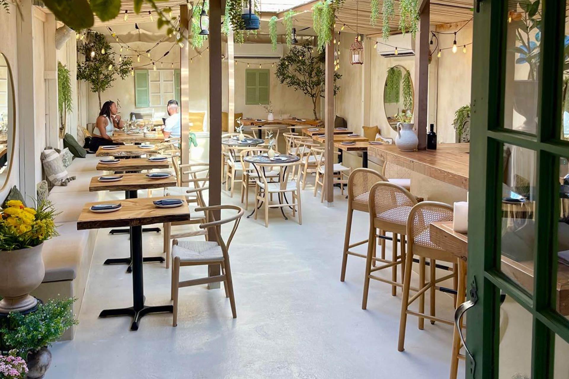 A bright, airy restaurant patio with wooden tables and chairs, green plants hanging from the ceiling, and a few people dining. Sunlight filters in, creating a cozy and inviting atmosphere.