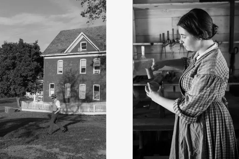 a diptych highlighting historic richmond town. In the left image, there is a person standing outside of a building, and on the right image there is a person using a tool inside a blacksmith shop