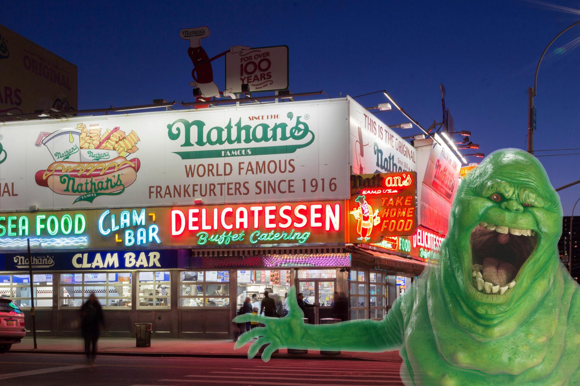 Slimer from Ghostbusters in front of Nathan's at Coney Island