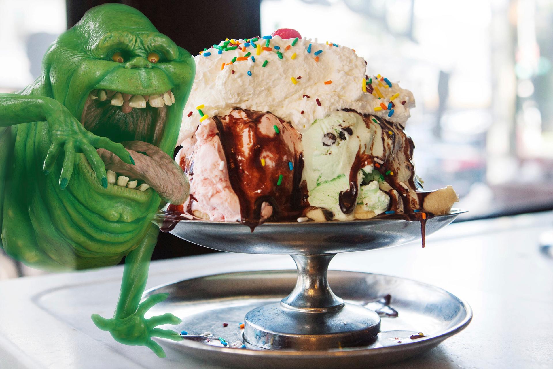 Slimer eating ice cream at Eddie's Sweet shop