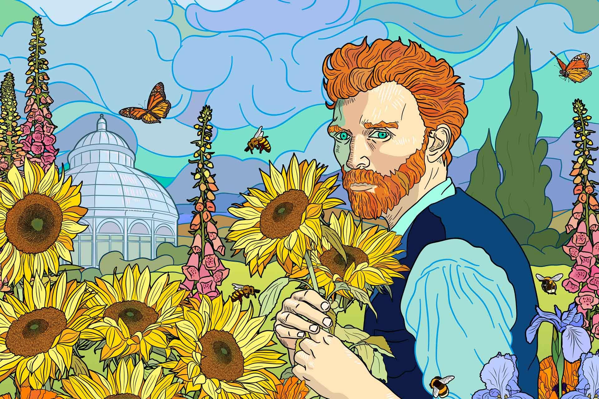 An illustration of a red-haired man holding a sunflower, surrounded by sunflowers, bees, and butterflies. In the background, there's a dome-shaped building and tall trees under a swirling, colorful sky. The style is vibrant and expressive.
