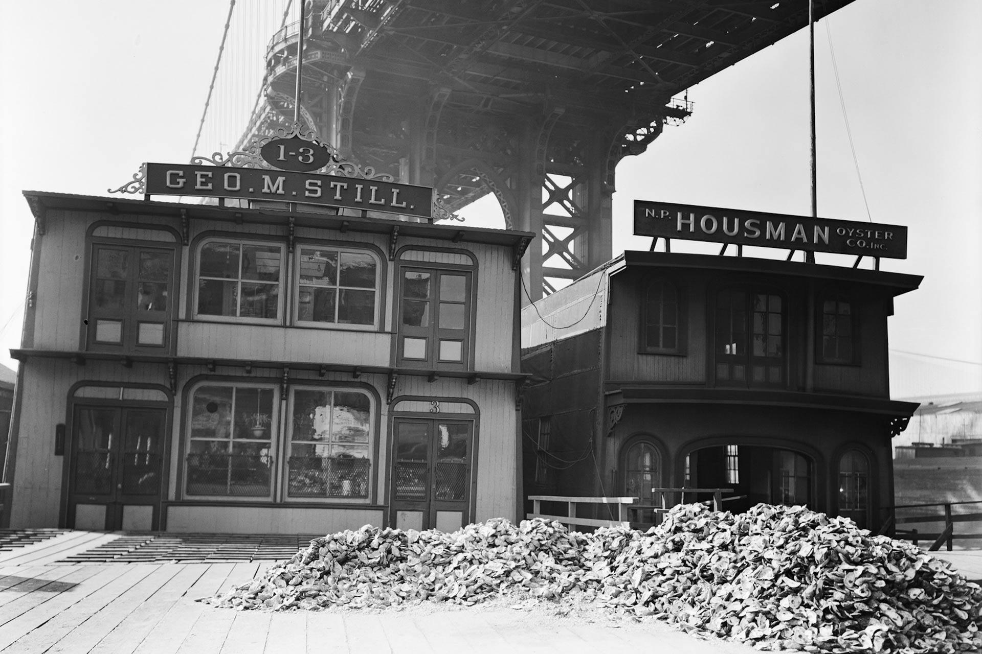 Two old buildings, one labeled “Geo. M. Still” and the other “N.P. Housman Oyster Co.,” stand side by side under a large steel bridge, with a large pile of oyster shells in the foreground.