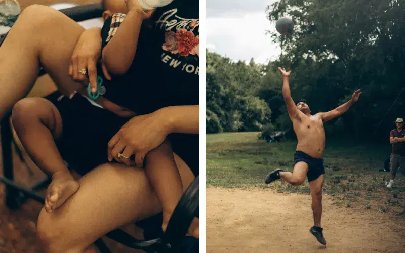 Diptych image, A baby in their parents' arms, A person plays volleyball, in Van Cortlandt Park 