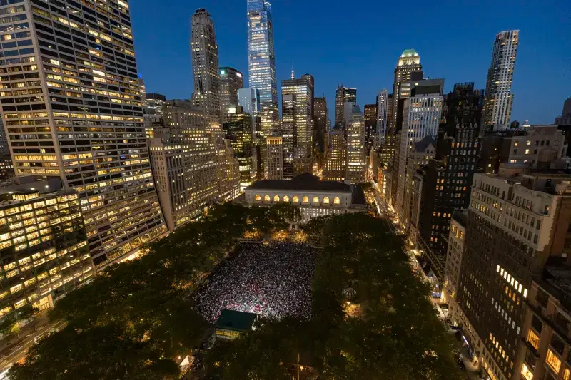 Movie projection at night in Bryant Park, NYC
