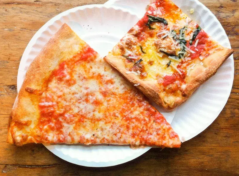 Plain and Sicilian slices from Williamsburg Pizza. Photo: Adam Kuban