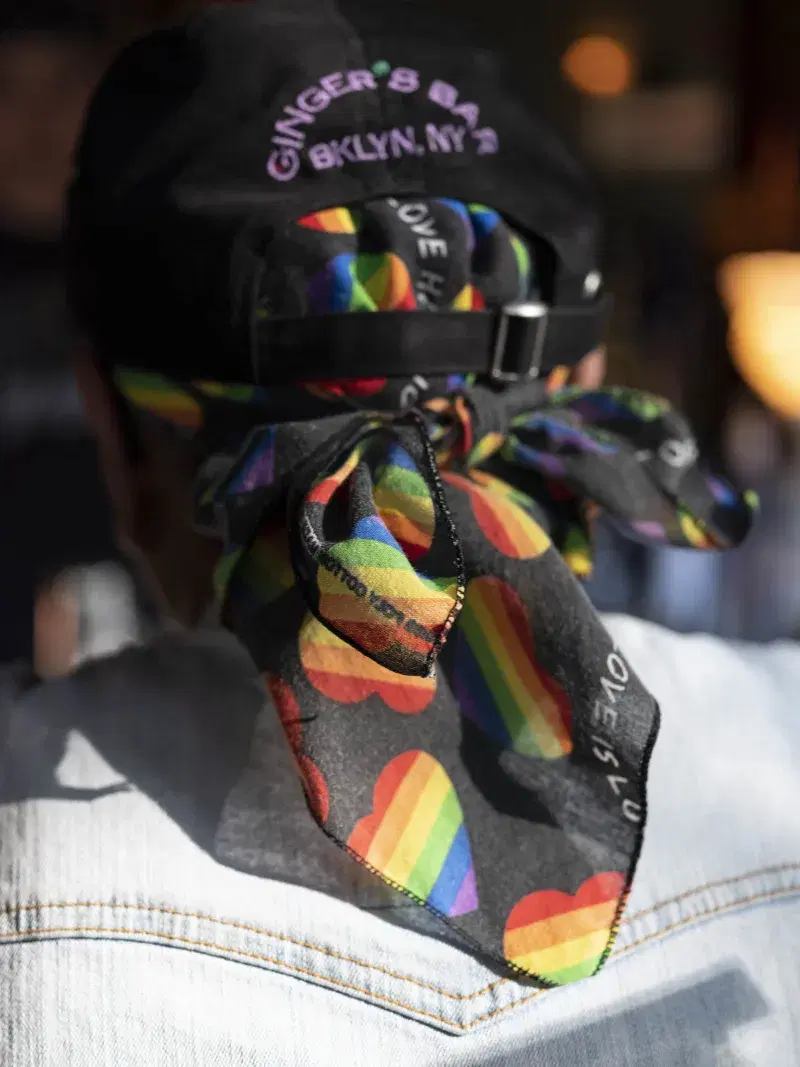 back head of Ruthie, wearing a ginger's bar cap and an LGBTQ Pride Bandana