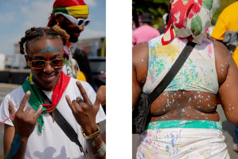 On the left: person with face paint and flag around the neck. On the right: back of a person covered in paint