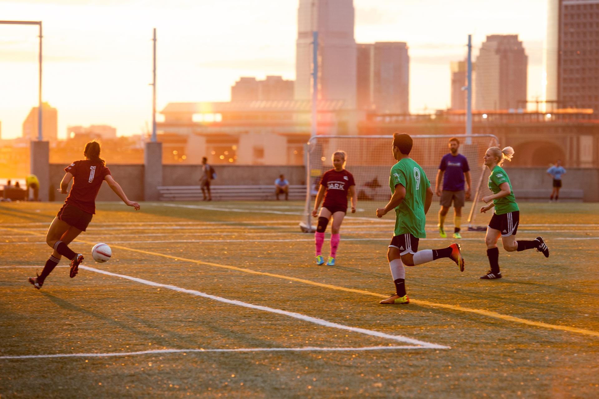 Youth and adult soccer leagues play on the turf fields on Pier 5.