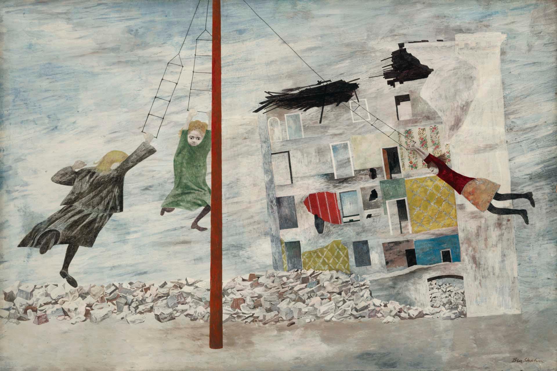 Two children swing from a pole surrounded by rubble, while a third holds onto a rope near a damaged, partially destroyed building with exposed rooms and tattered wallpaper under a cloudy sky.