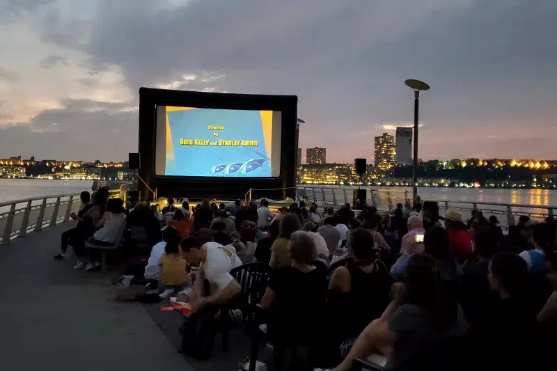 Summer movie on the Hudson Pier at night