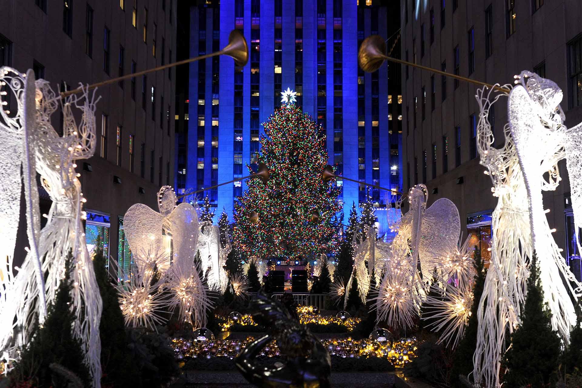 Rockefeller Center Christmas Tree, at night, in Manhattan