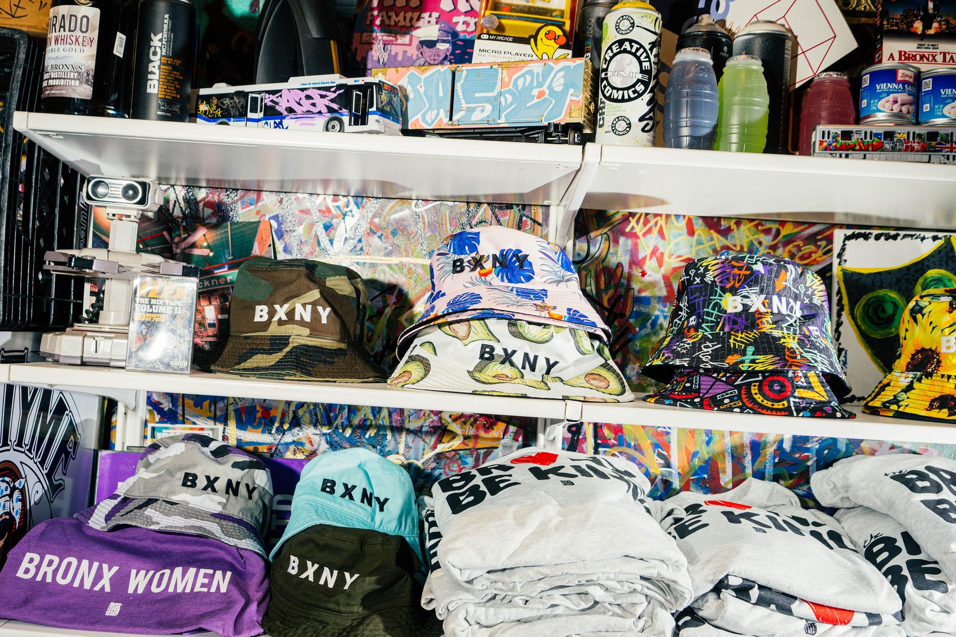 Bucket Hats and accessories on shelves at Bronx Native store , Bronx