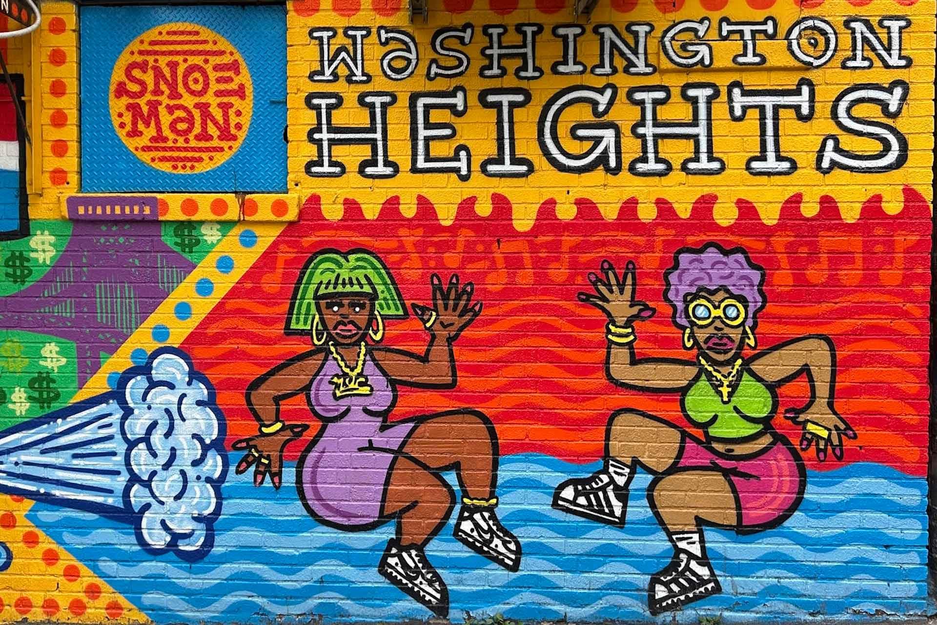 Colorful mural reading "Washington Heights" with Dominican flag, Sno Man sign, and two people in bright outfits reacting to water spraying from a fire hydrant, set against stylized city and vibrant patterns.