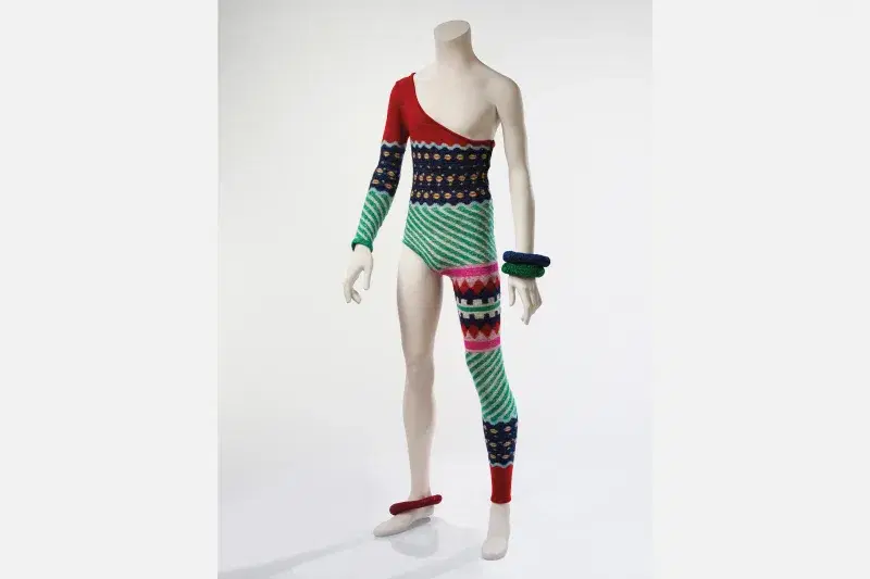 Asymmetric knitted bodysuit, 1973. Designed by Kansai Yamamoto for the Aladdin Sane tour. Courtesy of The David Bowie Archive. Image © Victoria and Albert Museum