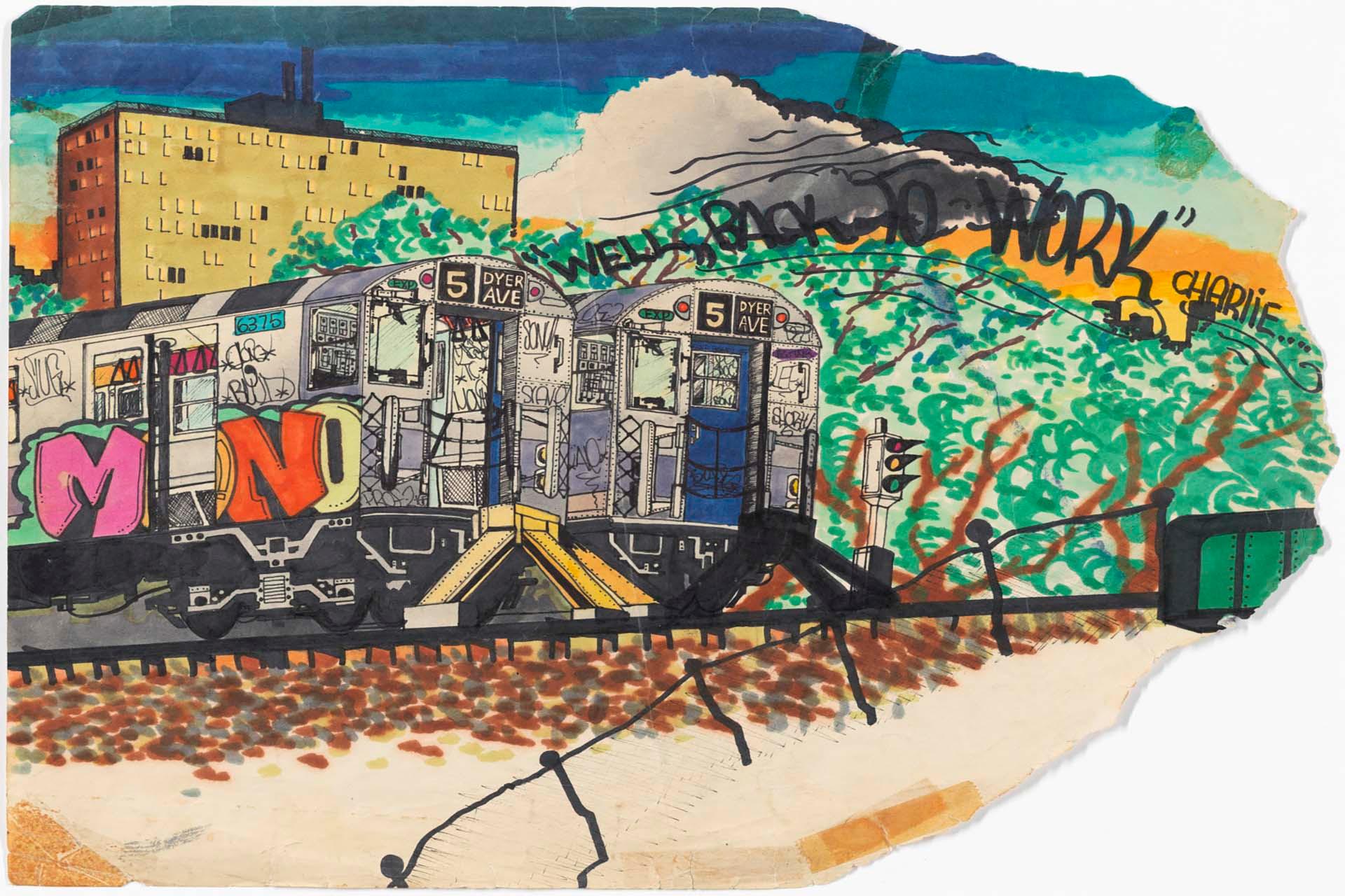 A colorful graffiti artwork depicts a subway train with vibrant tags and murals on a torn piece of paper. The train runs past a building and trees under a sunset sky. The phrase "Well back to work" is scrawled above the scene.