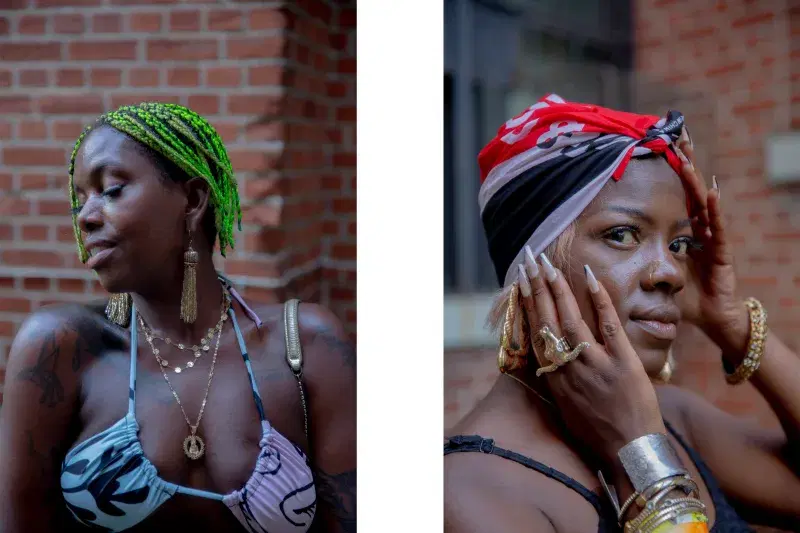 On the left: Person with green braids and necklace. On the right: Person with headscarf and bracelets 