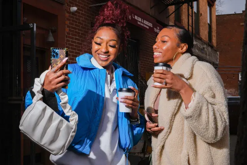 Betnijah Laney and Didi Richards of the New York Liberty, taking a selfie, in  Brooklyn
