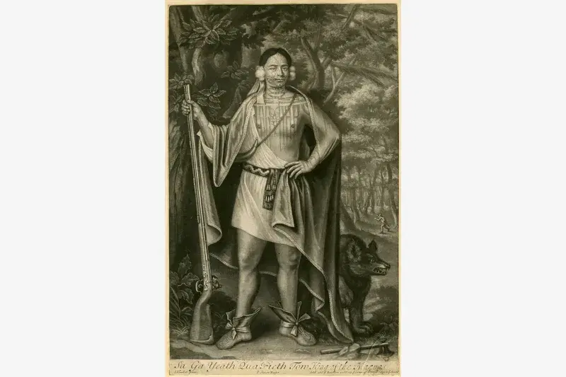 "Sa Ga Yeath Qua Pieth Tow, King of the Maquas" (1710), by John Simon. Courtesy, New-York Historical Society Library