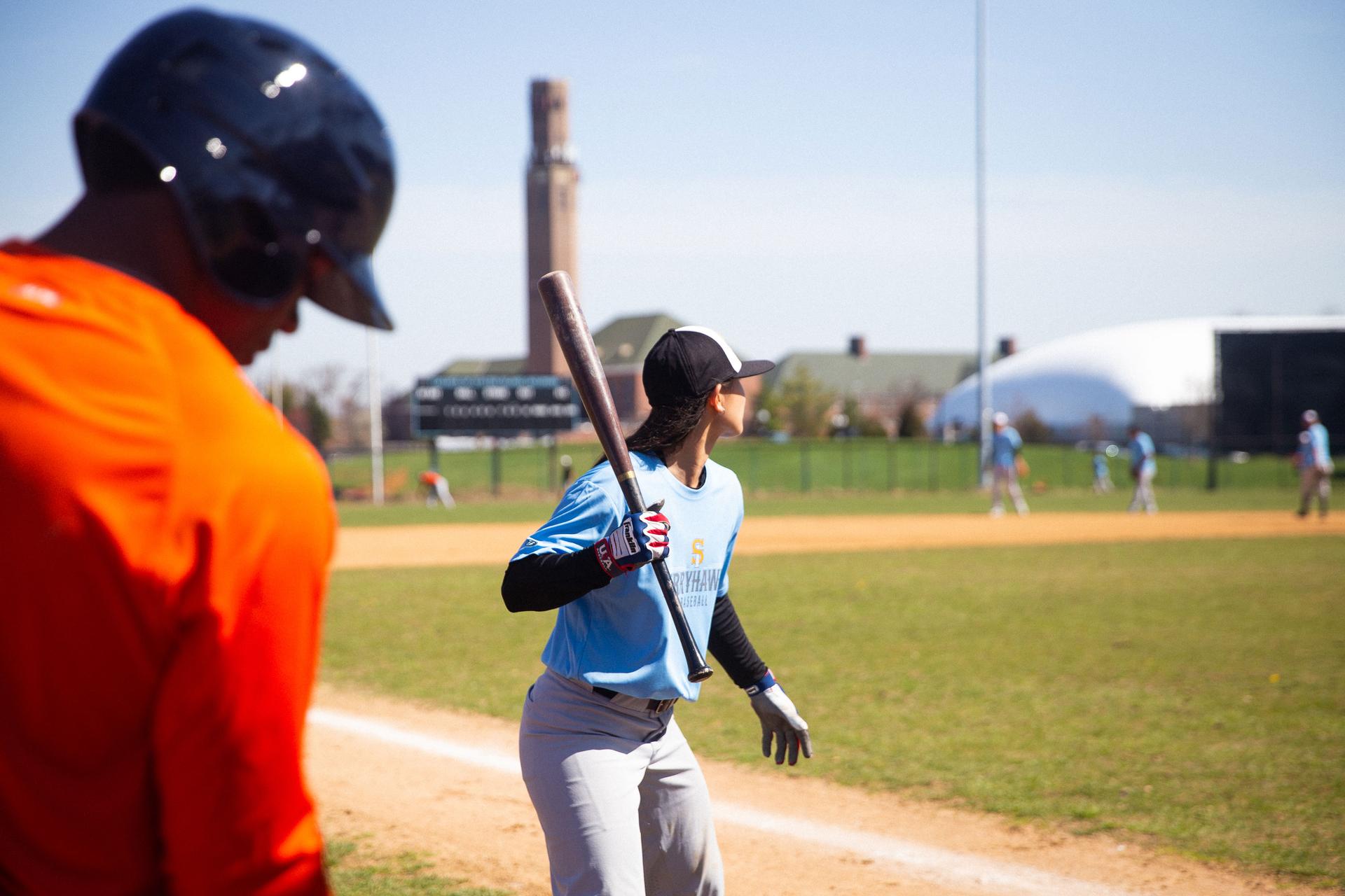 Kelsie Whitmore holding a bat, Staten Island Ferry Hawks Baseball