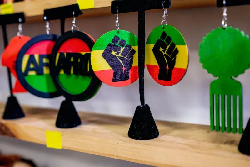 earrings on display at Calabar Imports, a shop in Harlem, Manhattan