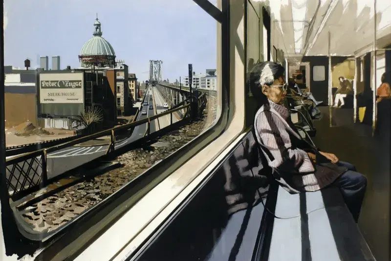"M Train on Route to Manhattan Approaches the Williamsburg Bridge," Richard Estes (1995). Courtesy, Louis K. Meisel Gallery