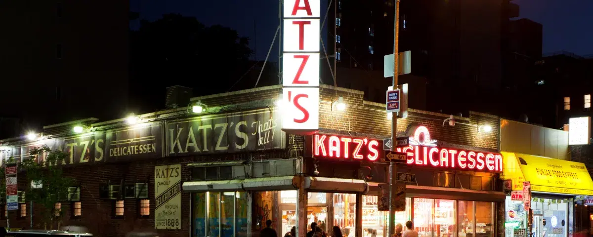 Exterior of Katz's Delicatessen at night, Lower East Side, NYC