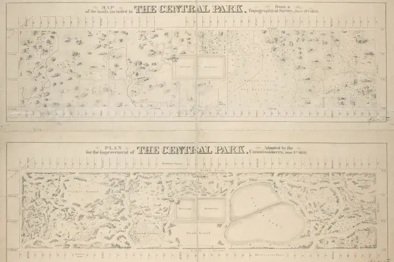 Map of the lands included in Central Park, from a topographical survey, June 17, 1856; [Also:] Plan for the improvement of the Central Park, adopted by the Commissioners. Lionel Pincus and Princess Firyal Map Division, NYPL