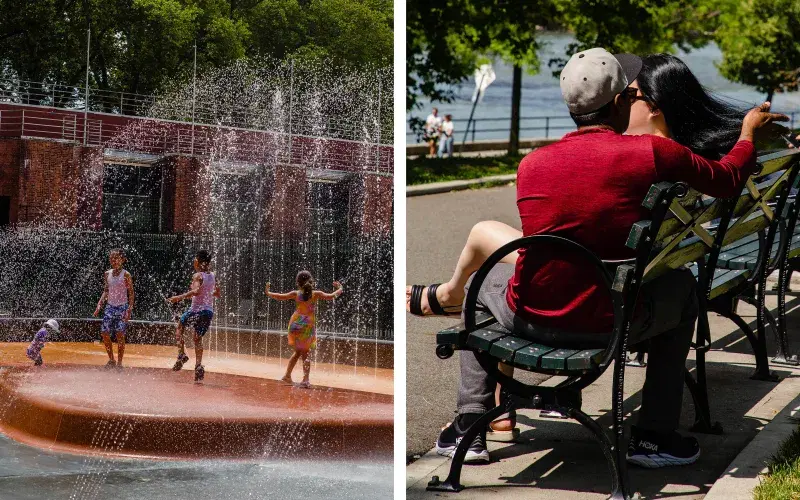 Diptych, Children playing in a water fountain, Two people sit on a bench in Astoria Park, in Queens