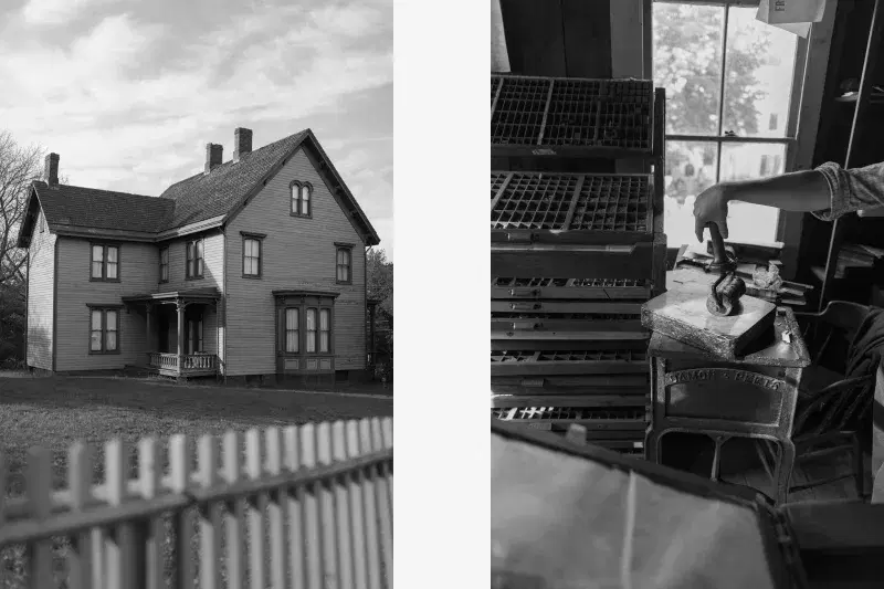 a diptych showing the Edwards Barton House in the left image, and the Print Shop in the right image