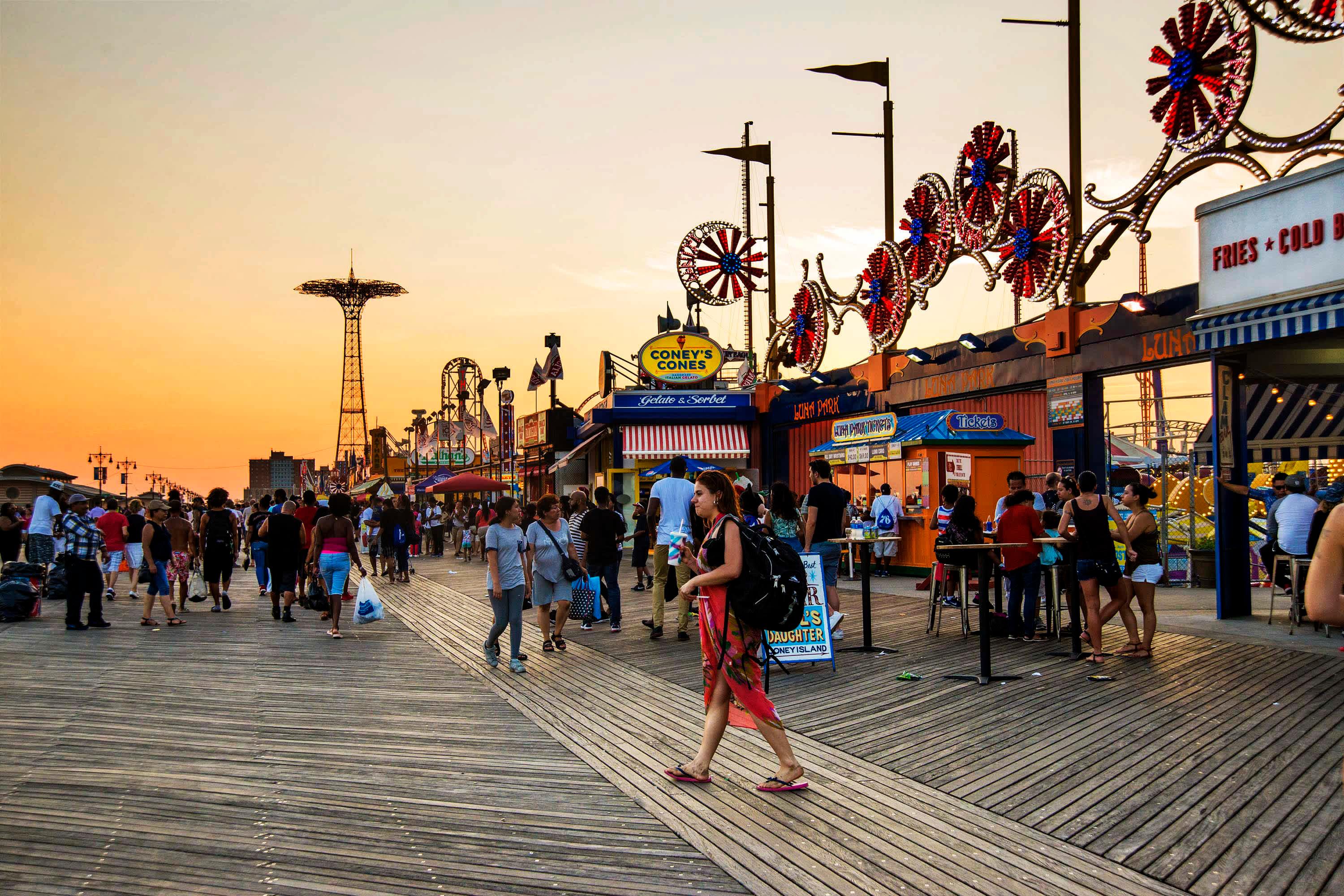 People walking on Coney Island Boardwalk, Brooklyn