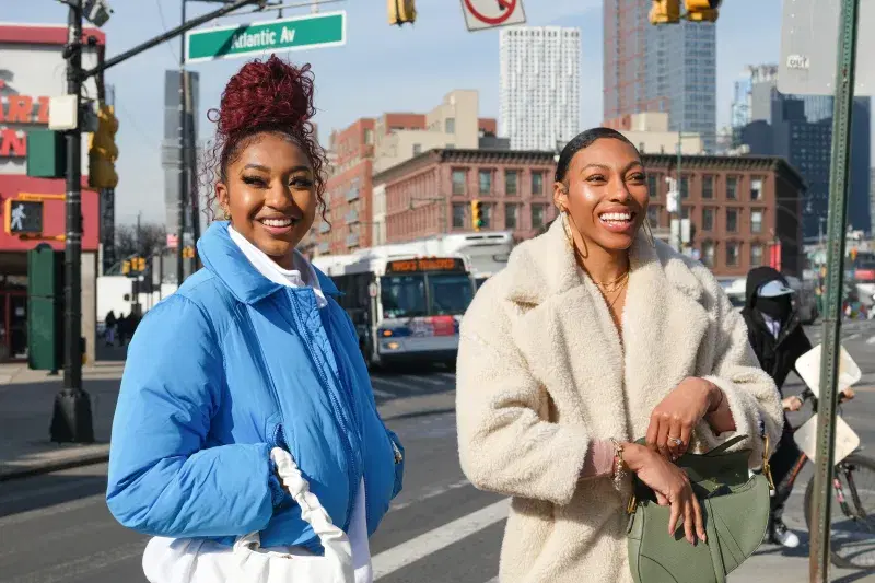 Portrait of Betnijah Laney and Didi Richards of the New York Liberty on Atlantic Avenue, in Brooklyn