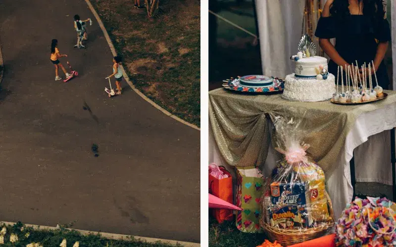 Diptych image, three kids on scooters, a young person standing table, there is a cake and a piñata, at Van Cortlandt park in the Bronx