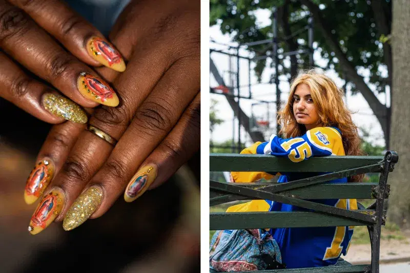 Diptych, hands showing the Virgin of Guadalupe design in nails, and a portrait of a person looking at the camera at Maria Hernandez Park in Brooklyn