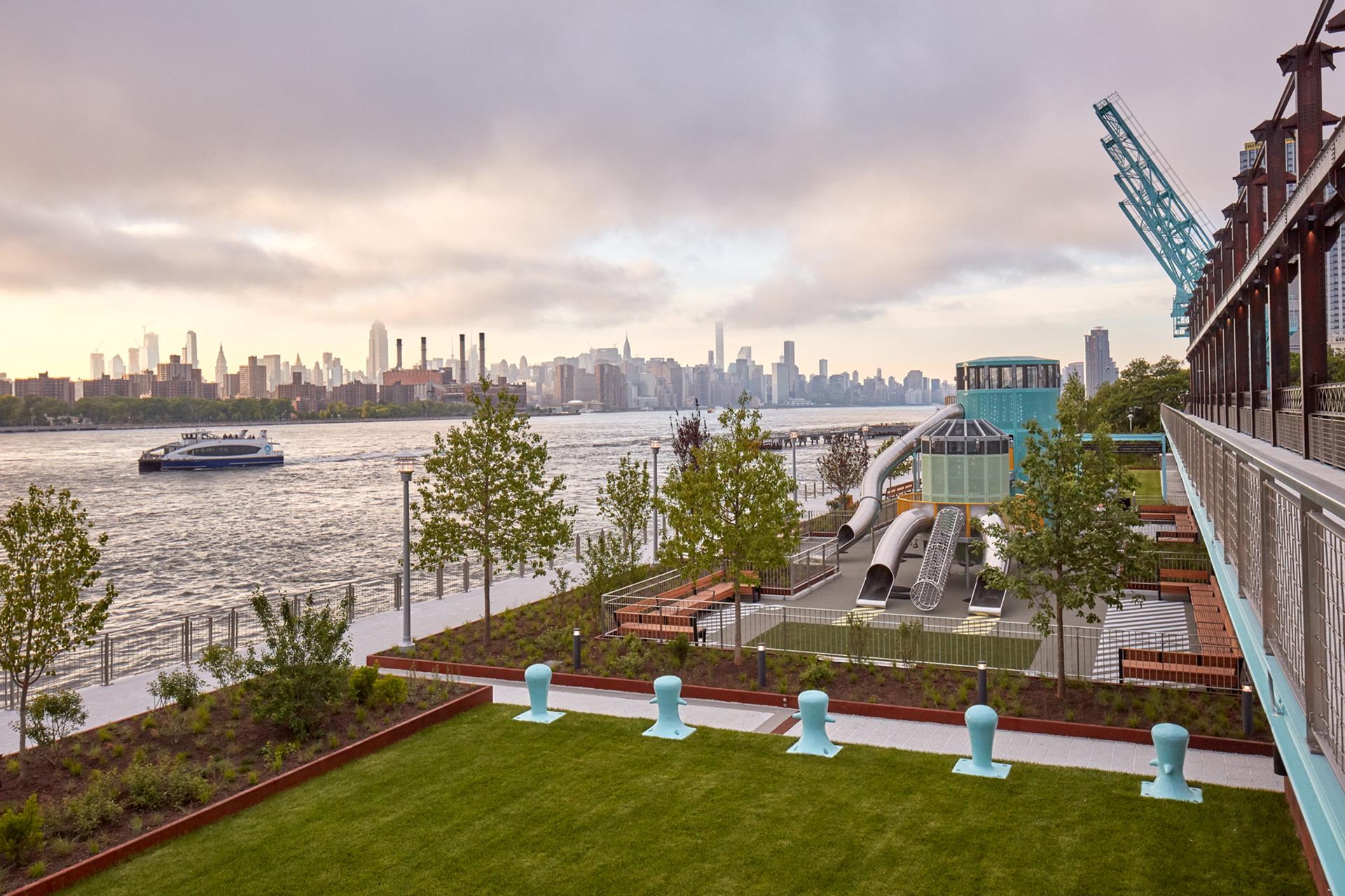 View and playground of Domino Park in Williamsburg, Brooklyn