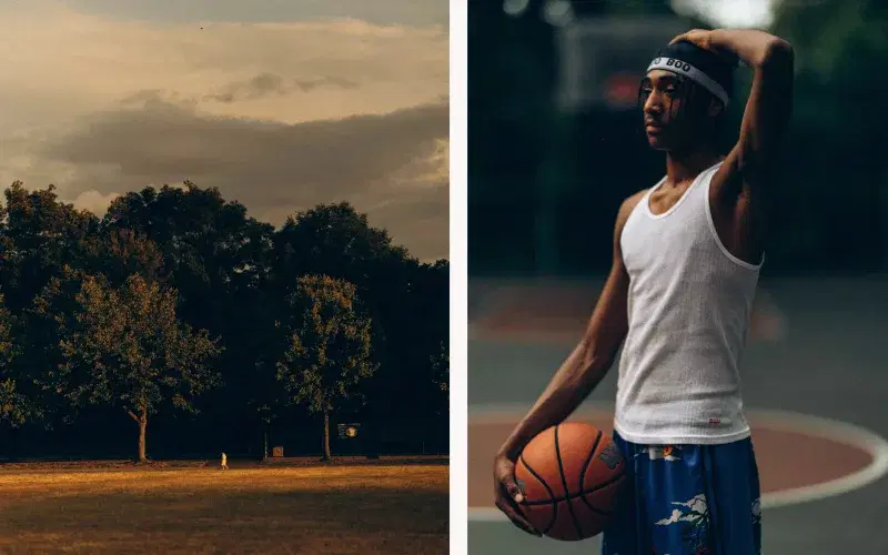 Diptych image, wide image of Van Cortlandt Park, and a portrait of a basketball player