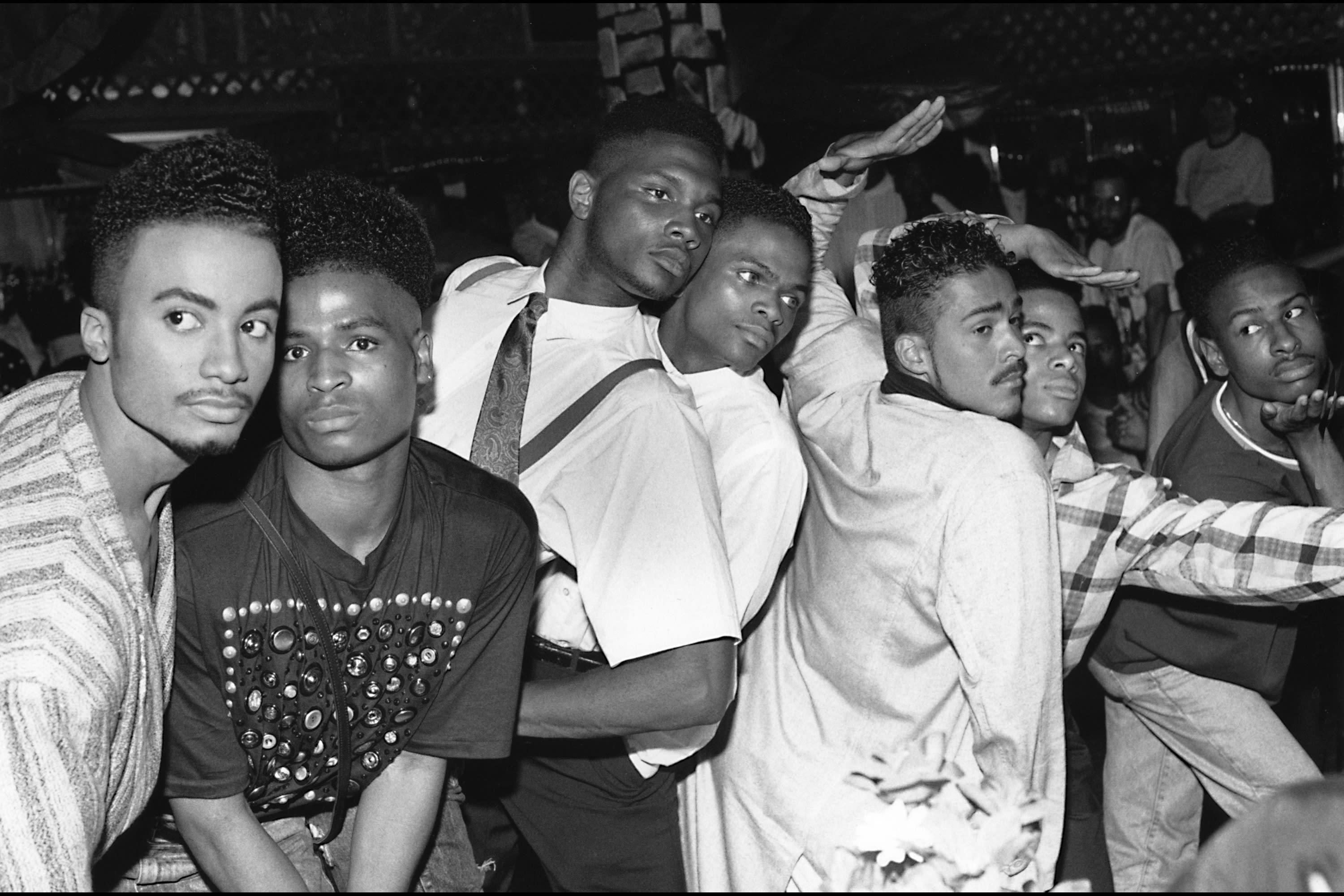 Young men voguing at House of Jourdan Ball, 1989