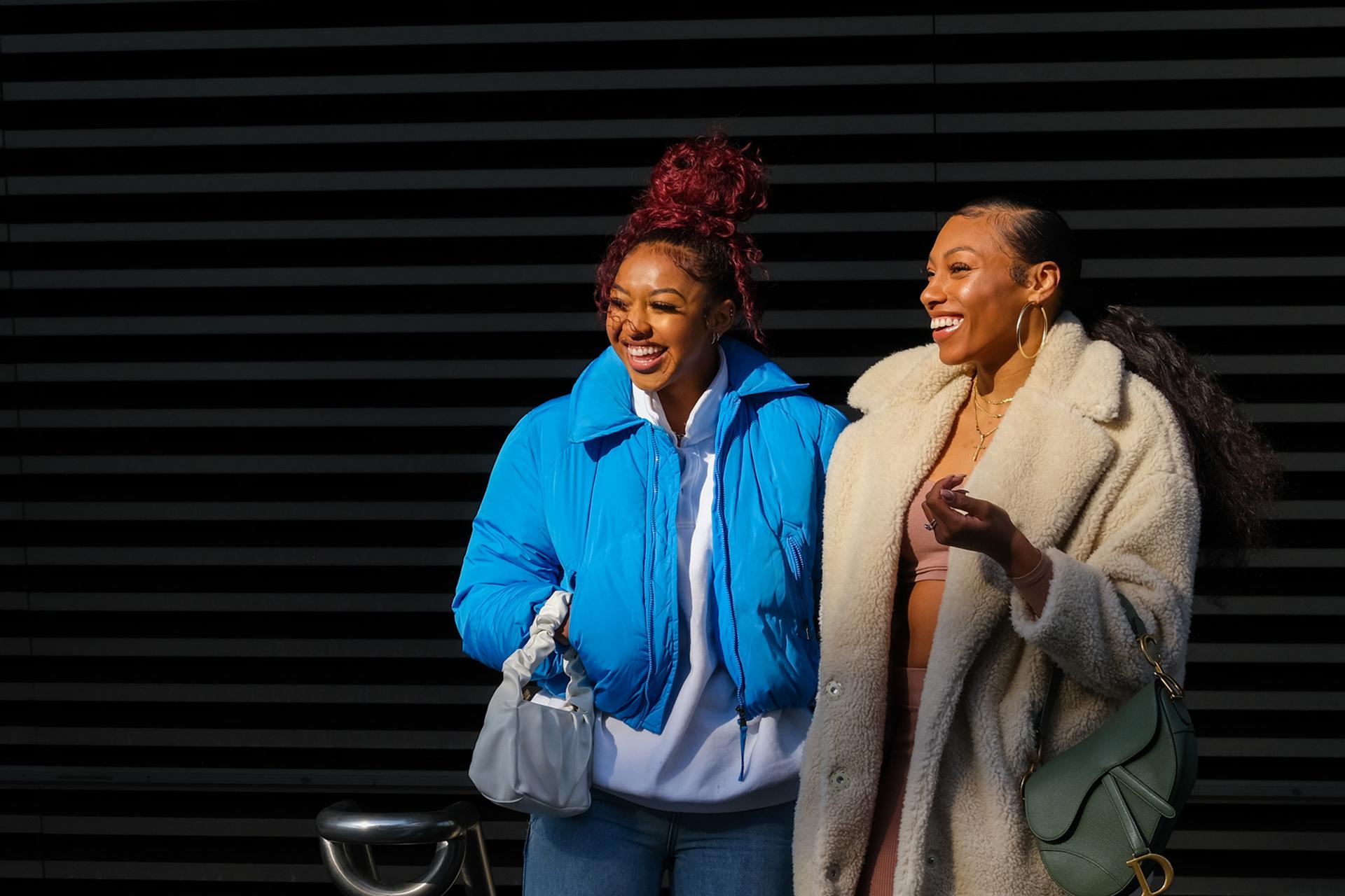 Betnijah Laney and Didi Richards of the New York Liberty in New York City, outside Barclays Center in Brooklyn